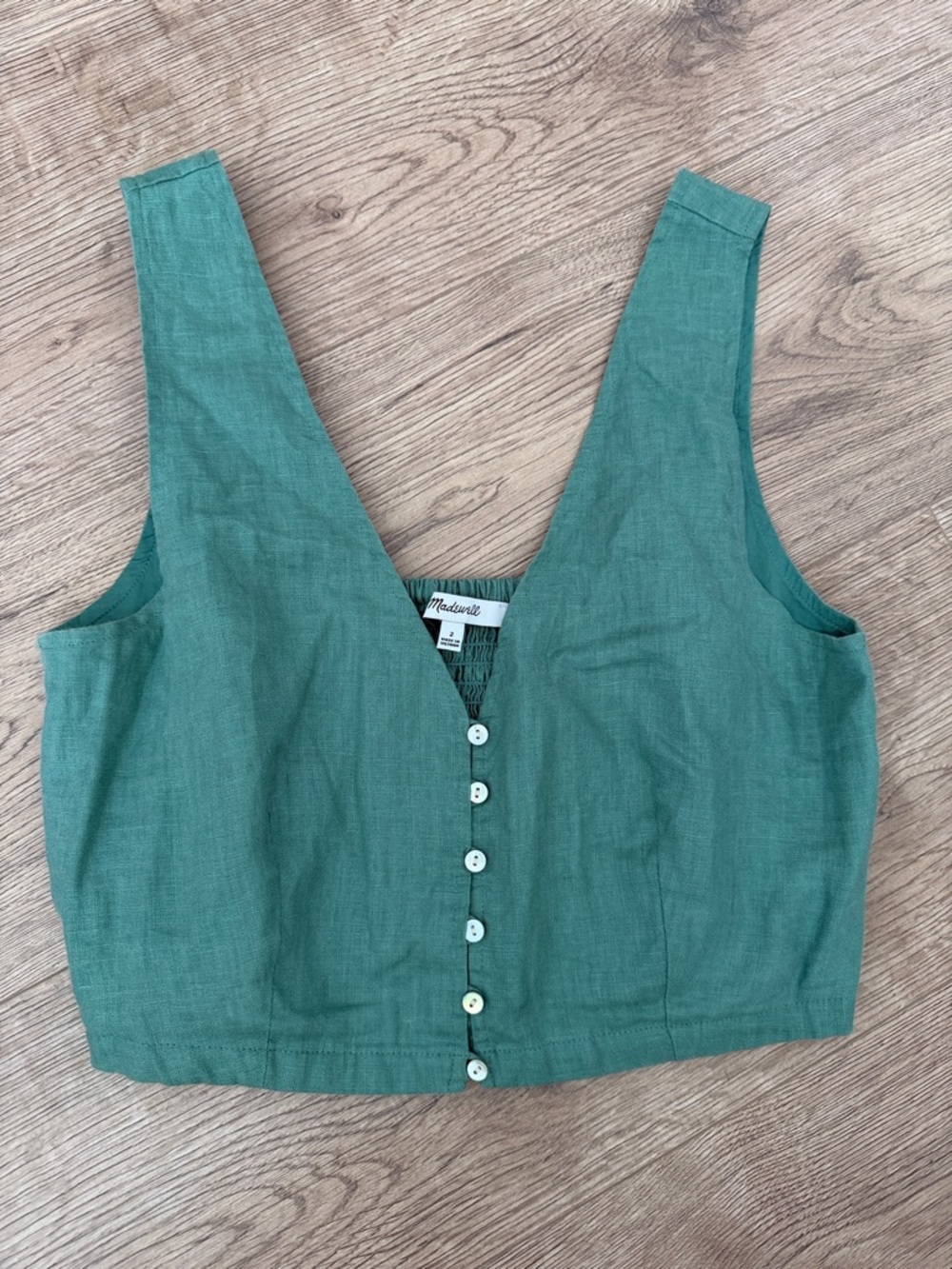 Madewell Teal Green Linen Button-Front Crop Top